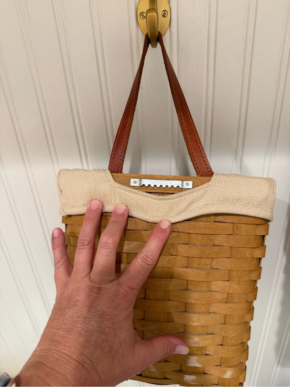 Longaberger Beige Woven Hanging Basket with Brown Strap